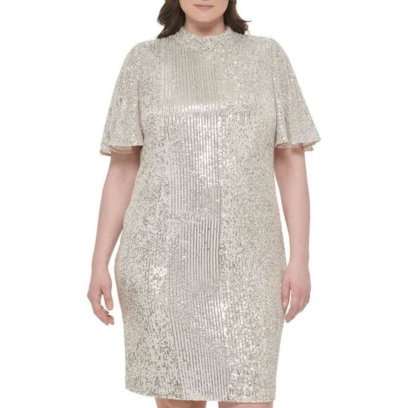 ✨ ELIZA J Silver Sequin Sheath Flutter Sleeve Mock Neck Dress SIZE 12 $168 NWT - Picture 5 of 16
